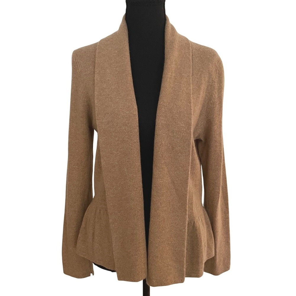 Charter Club Luxury Cardigan Womens L Tan Cashmere Peplum Shawl Collar Classic